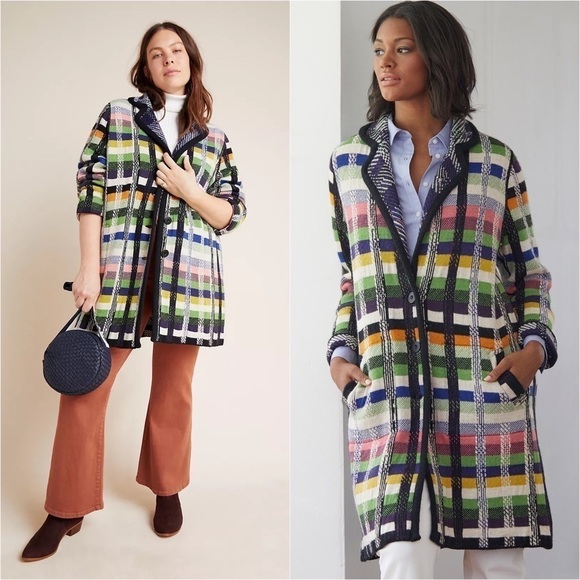 ALDOMARTINS Wool Alpaca Colorblock Plaid Long Maximalist Sweater Blanket Coat S - Picture 3 of 16